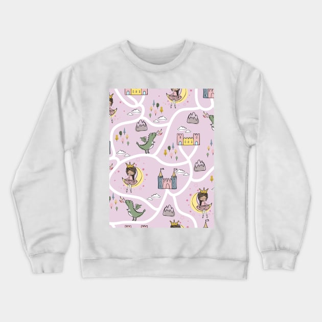 Childish seamless pattern with princess and dragon pink background Crewneck Sweatshirt by Arch4Design